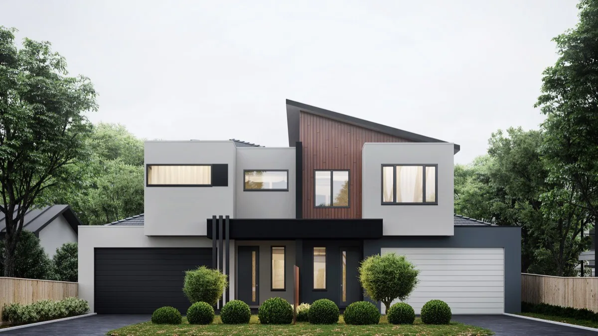 Modern exterior paint color scheme with wood, white and charcoal accents