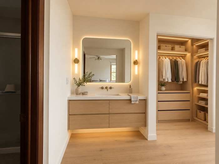 After: floating white oak vanity, backlit round mirror, brass sconces and custom oak walk-in closet in a Wheaton, IL bathroom remodel by Goodman Painters & Decorators